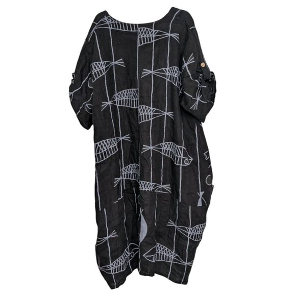 T by Transparente Fish Linen Dress Womens Size XXL Black Italian Lagenlook - Picture 8 of 9